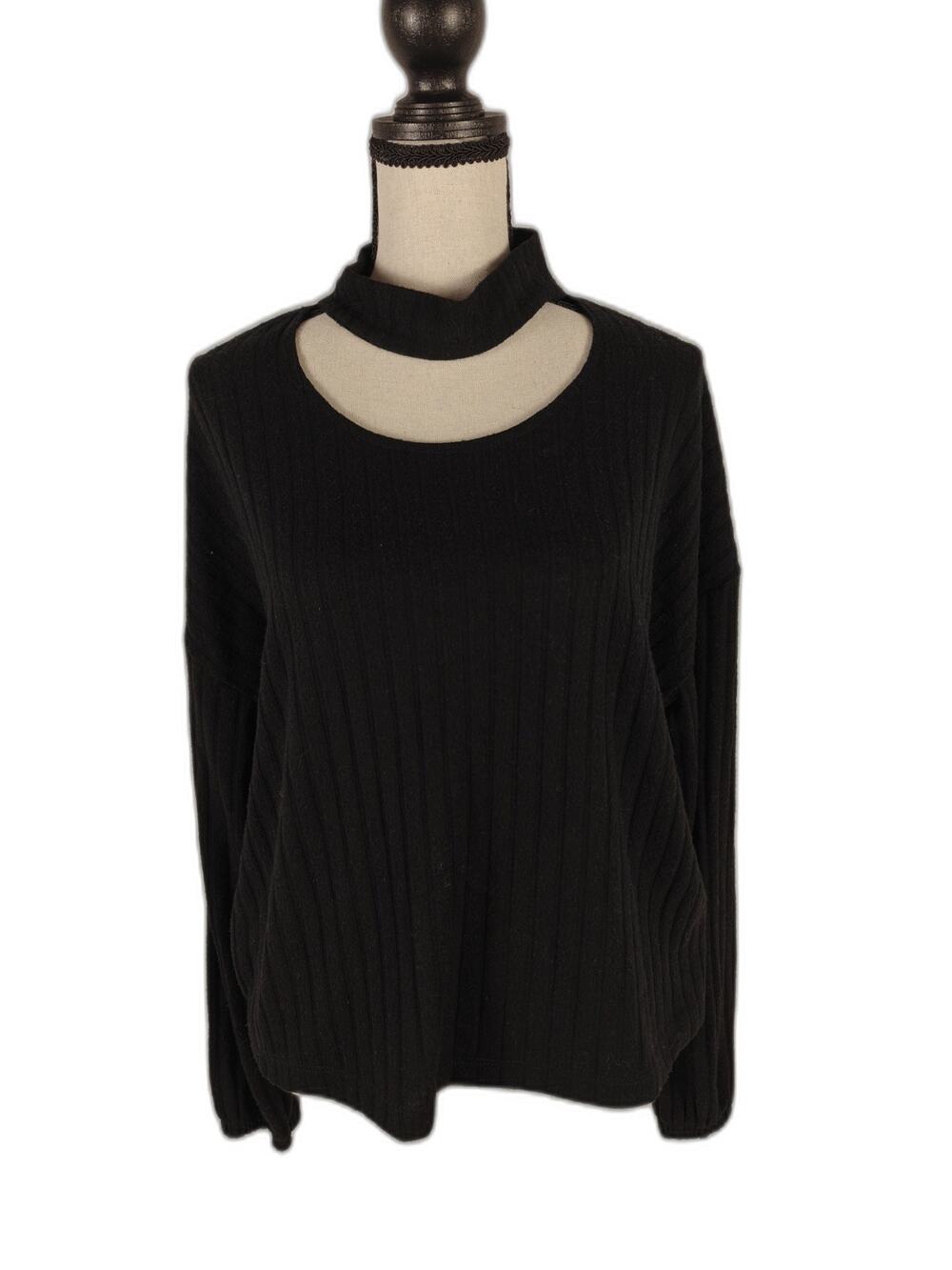 Women's, SO, Ribbed Cutout Choker Knit Top, Black, Small